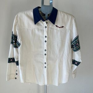 Vintage Western Shirt Womens Large Black Blue Red Button Up Aztec Southwest